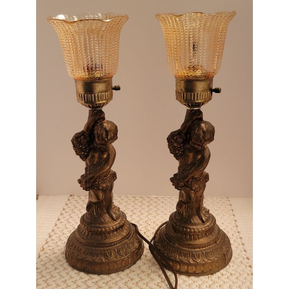 Vintage Cast Brass Cherub Table Lamps W/ Amber Glass Shades Accurate Cast USA